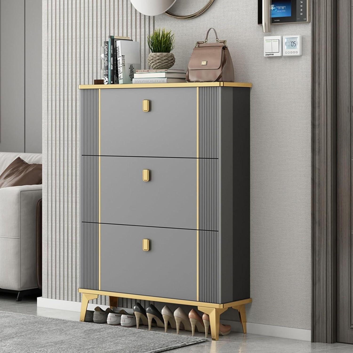 Tipping Shoe Cabinet. Shoe Rack Storage Cabinet For Entryway. With 3 Flip Drawers. Free Standing Shoe Rack