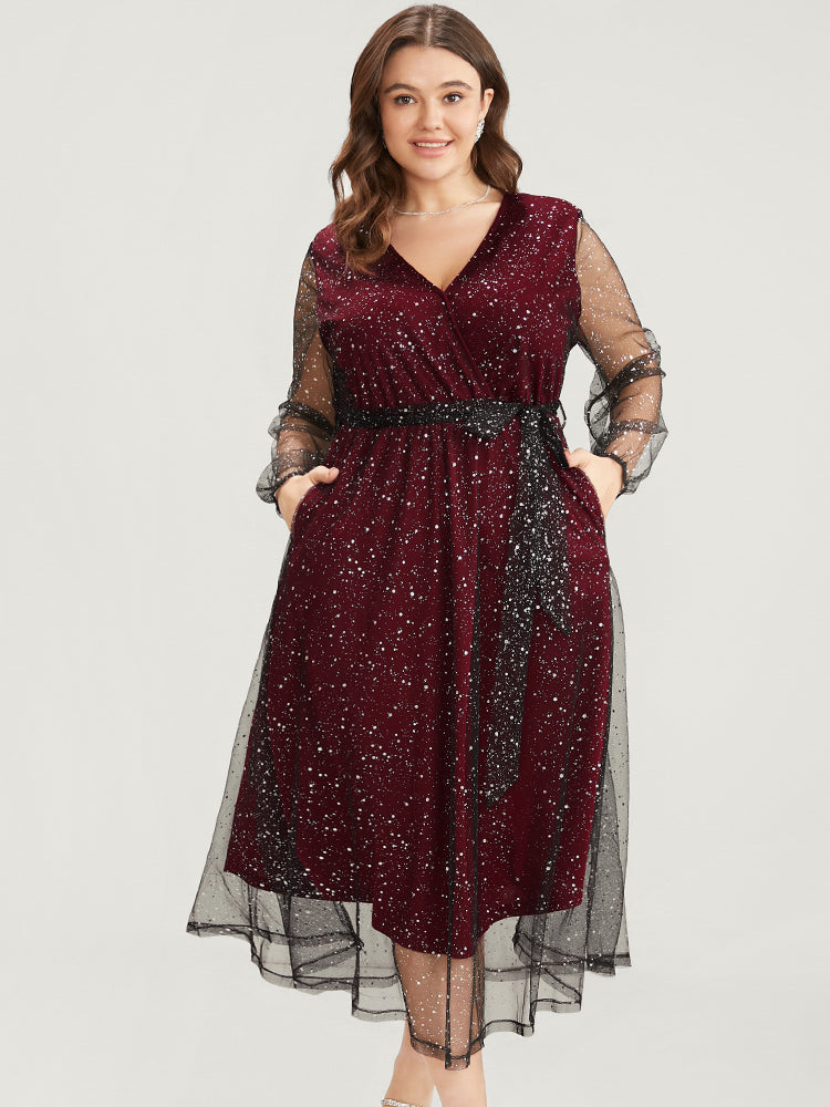 Polka Dot Lantern Sleeve Surplice Neck Mesh Belted Dress