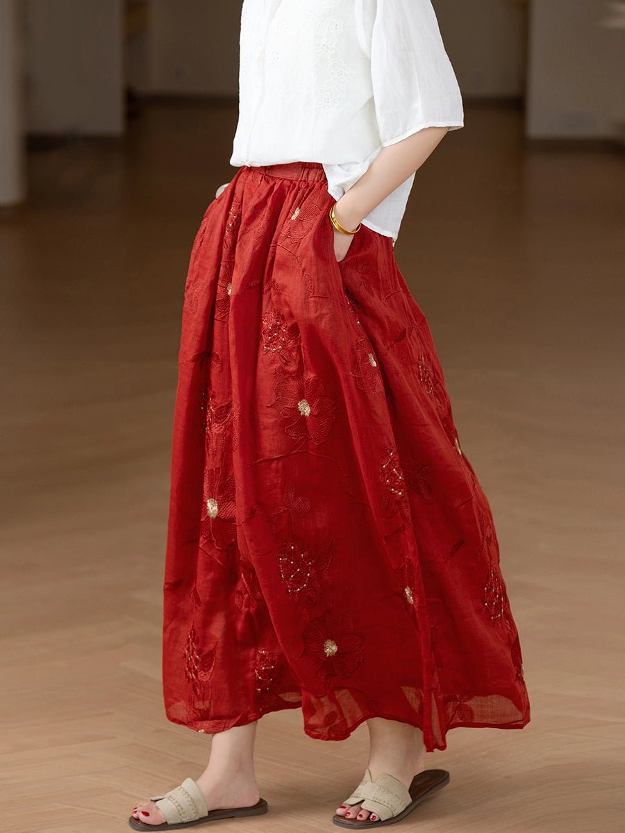 Women Summer Artsy Flower Embroidery 100%Ramie Skirt