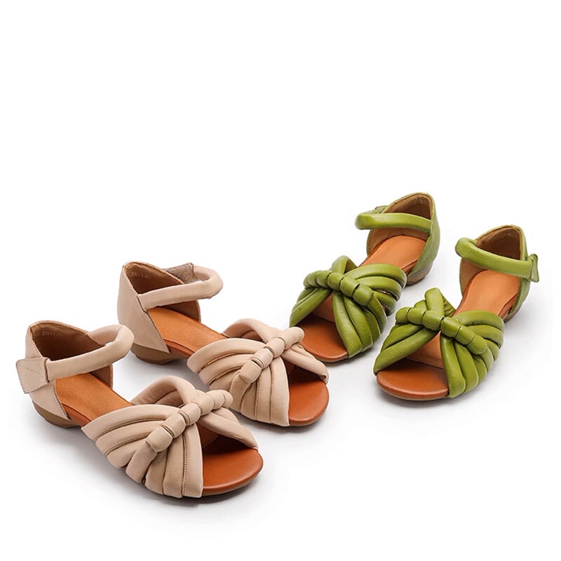 Handmade Leather Woven Peep Toe Roman Sandals with Velcro Strap in Green/Apricot