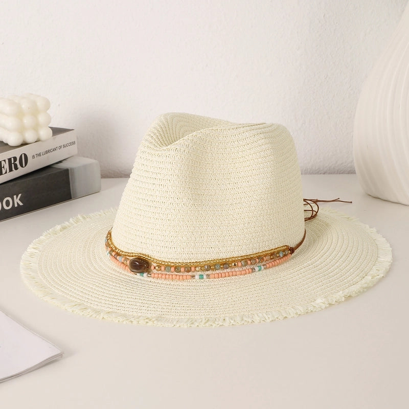 Women's Vacation Beach Solid Color Beaded Straps Wide Eaves Straw Hat