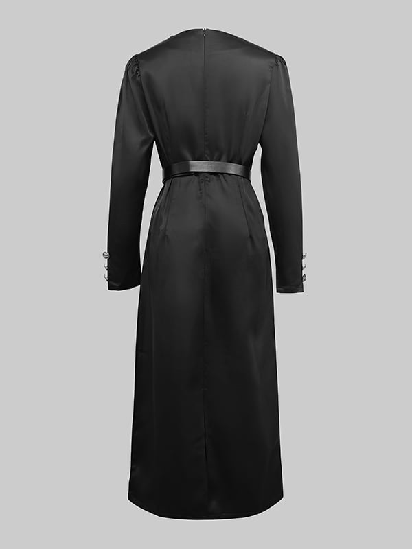 Long Sleeves Puff Sleeves Buttoned Solid Color Deep V-Neck Midi Dresses