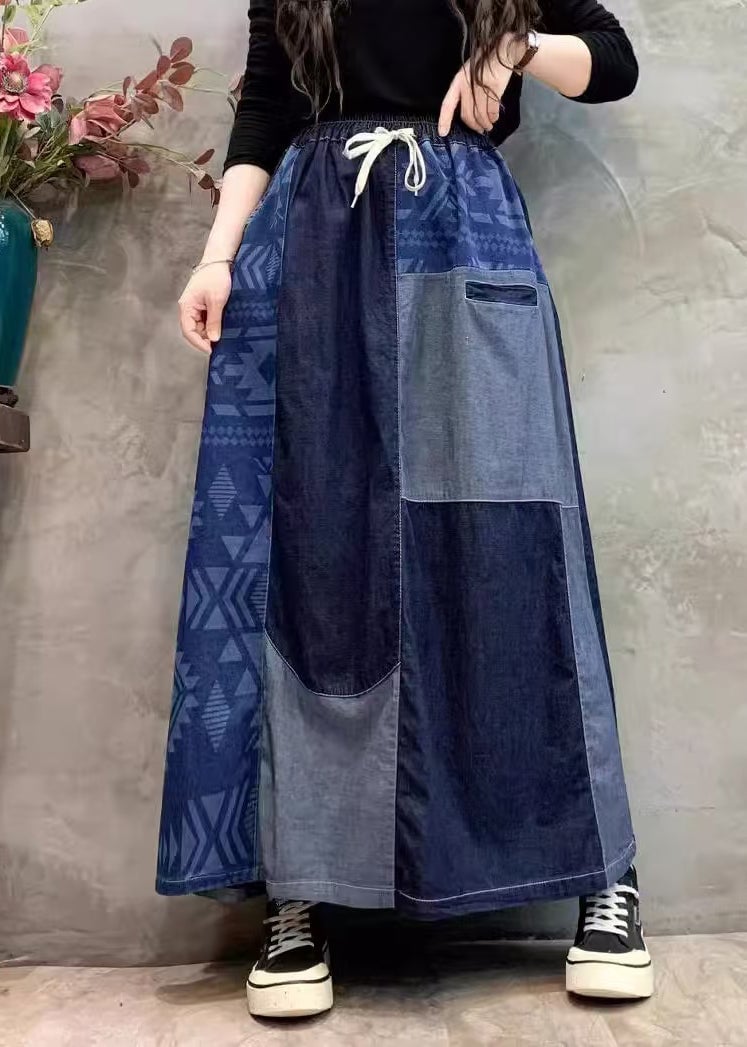 DIY Navy Asymmetrical Patchwork Denim Skirt Summer