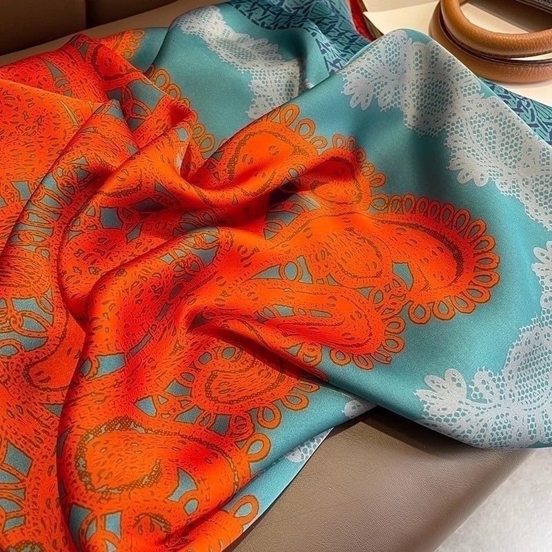 Classic Blue Orange Big Flower Simulation Silk Scarf Large Square Shawl