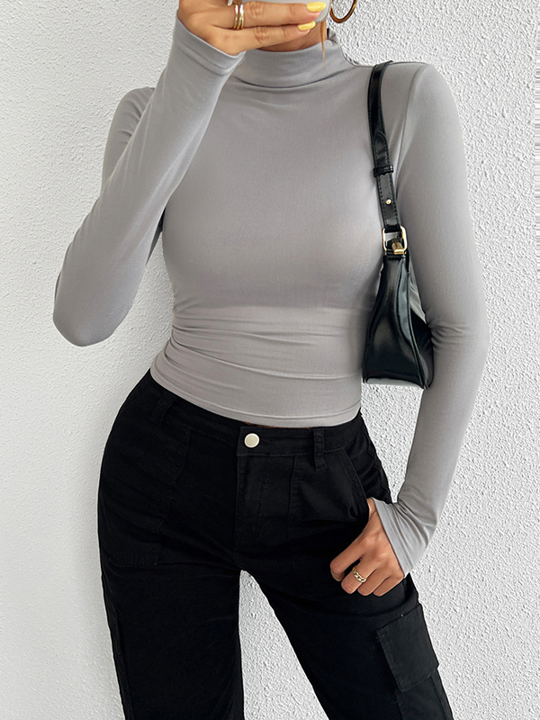 Long Sleeves Skinny Solid Color High Neck T-Shirts Tops