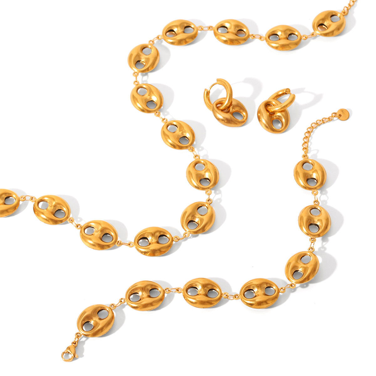 18K Gold Hollow Stainless Steel Pig Nose Buckle Necklace Bracelet Earrings Set Ins Style Titanium Steel