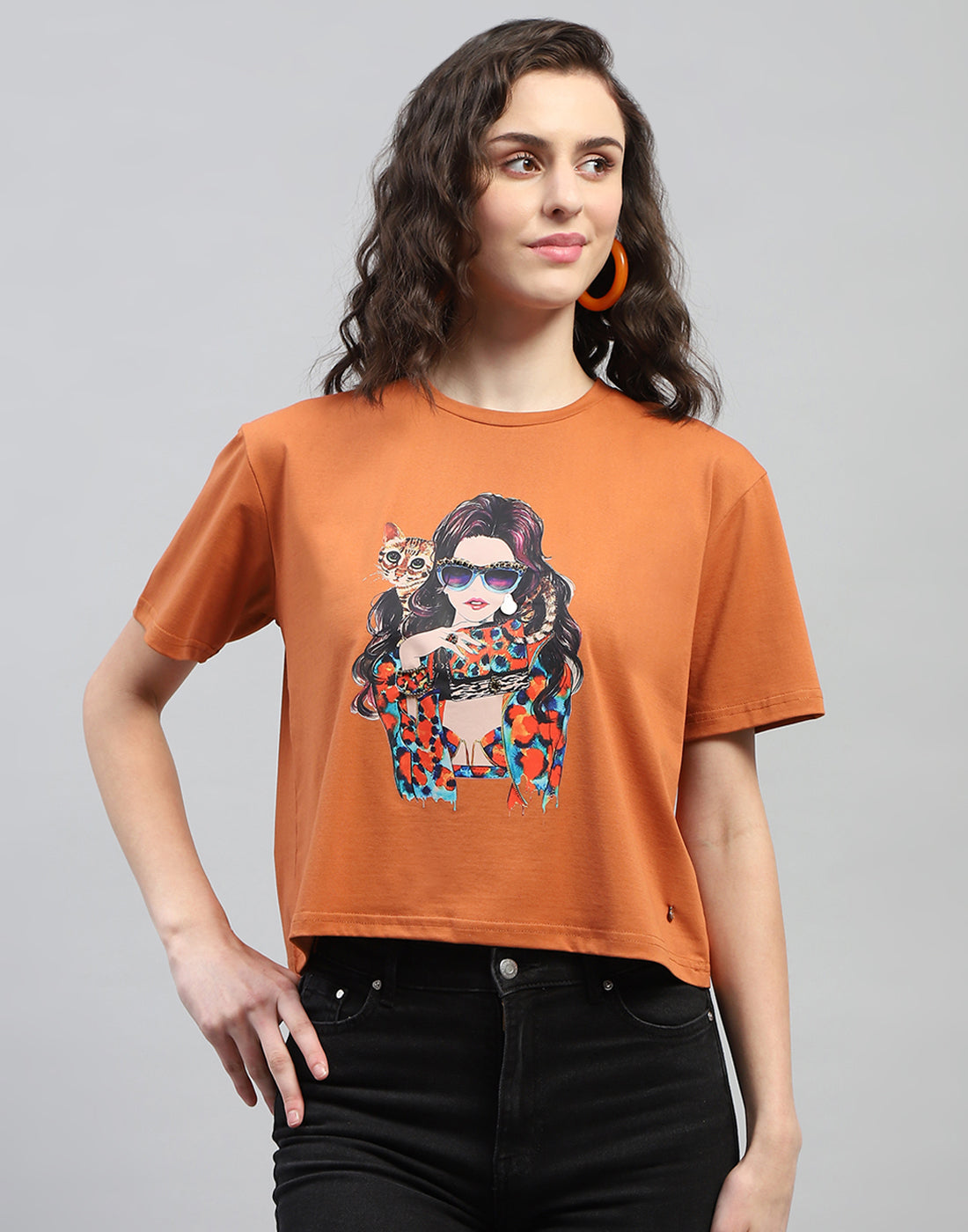 Women Tan Printed Round Neck Half Sleeve Top