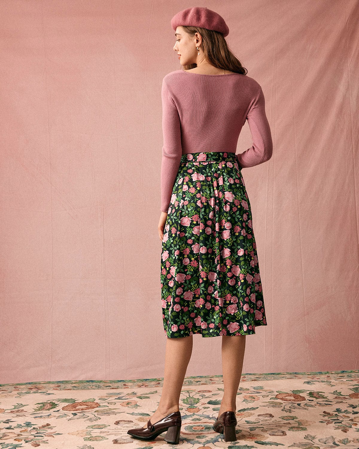 The High Waisted Slit Floral Satin Midi Skirt