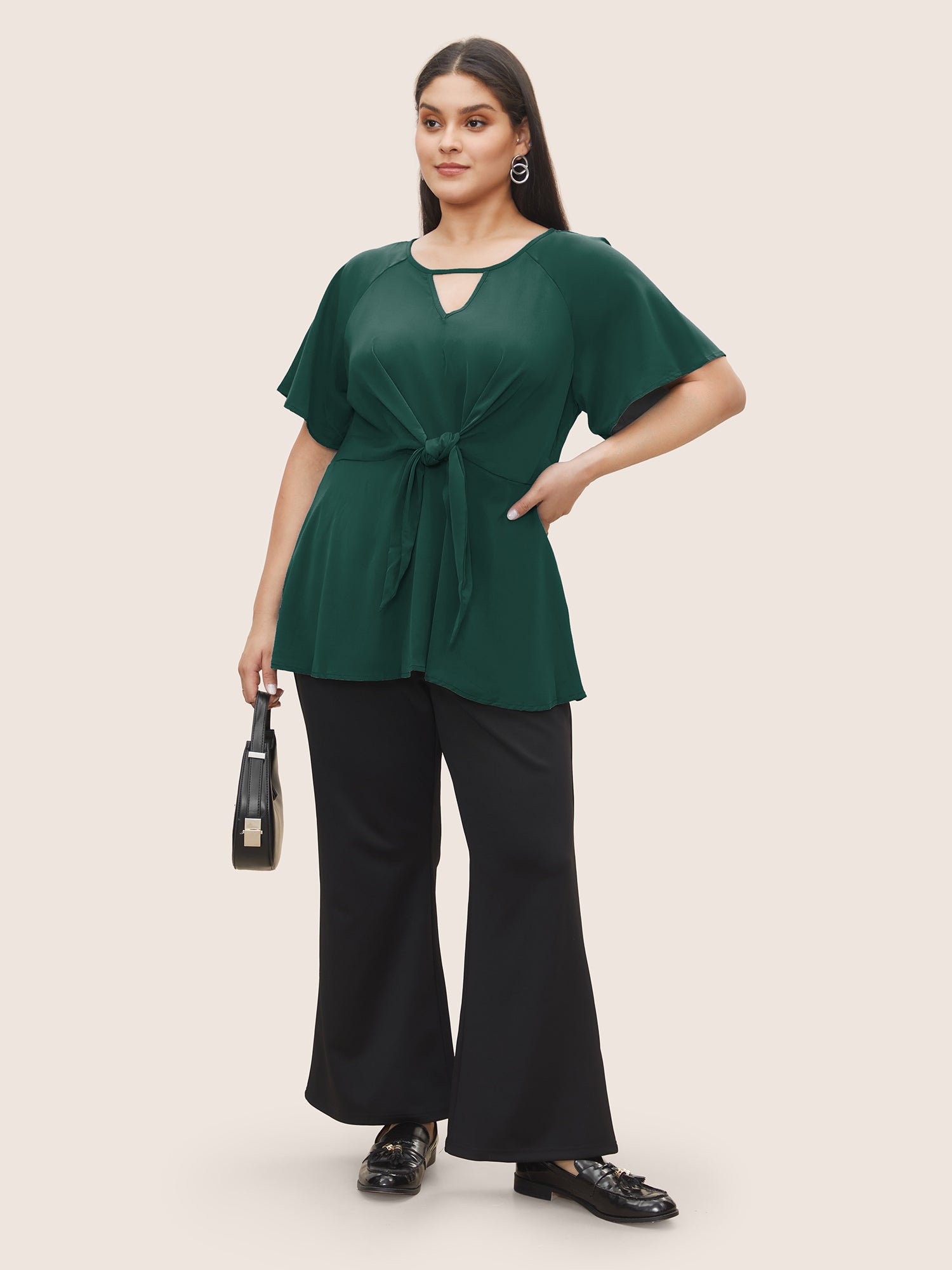 Plain Keyhole Knotted Front Ruffle Sleeve Blouse
