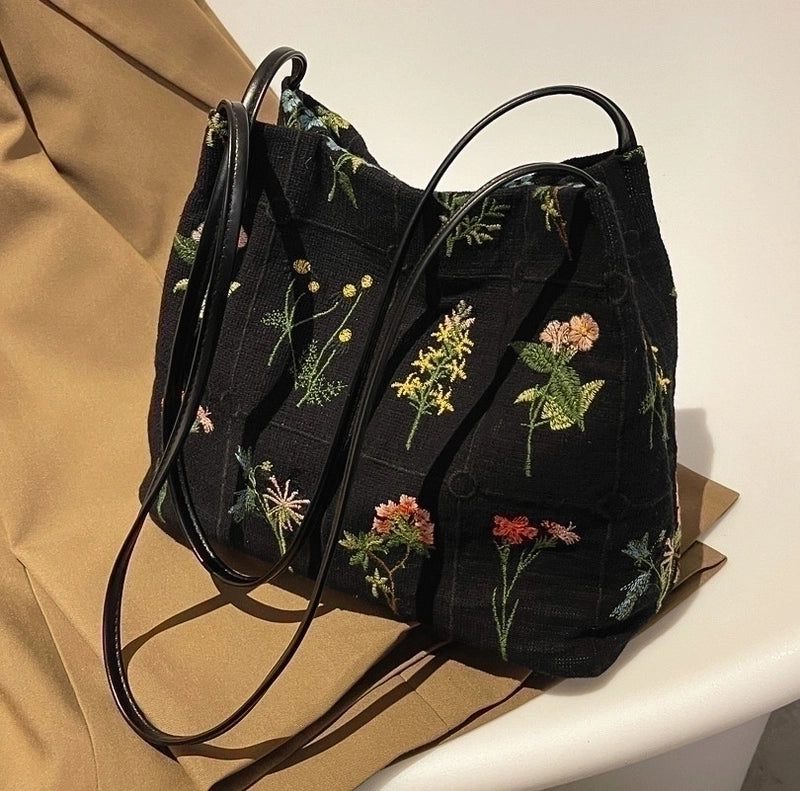 Women's Canvas Flower Vintage Style Bucket Magnetic Buckle Shoulder Bag