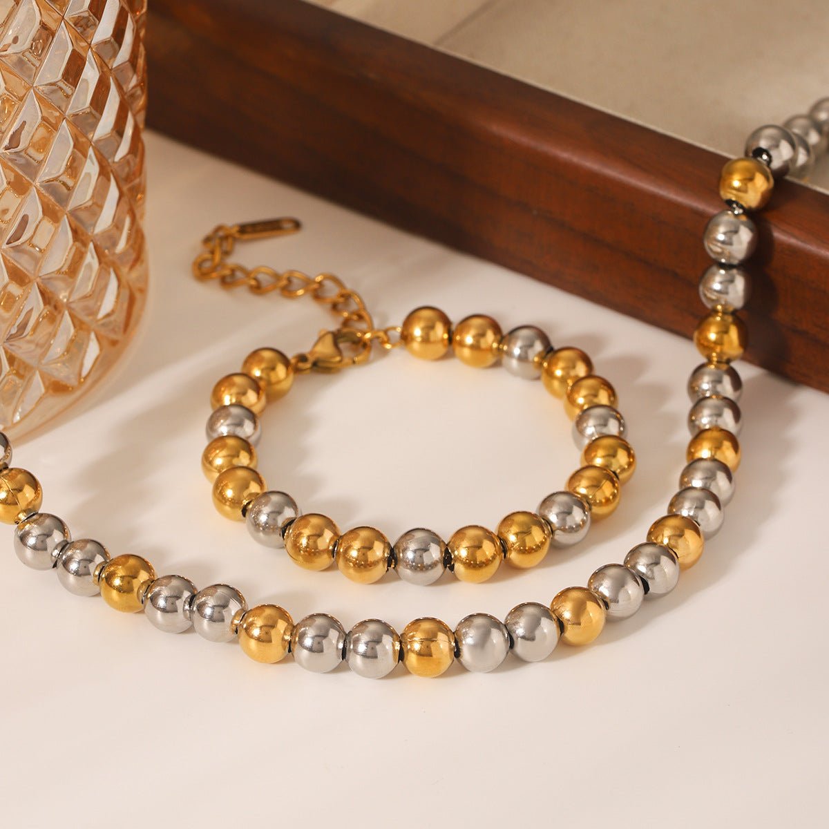 Contrast Color Round Bead Chain Stainless Steel Necklace Bracelet Women'S Titanium Steel Clavicle Chain Color Matching Necklace Bracelet
