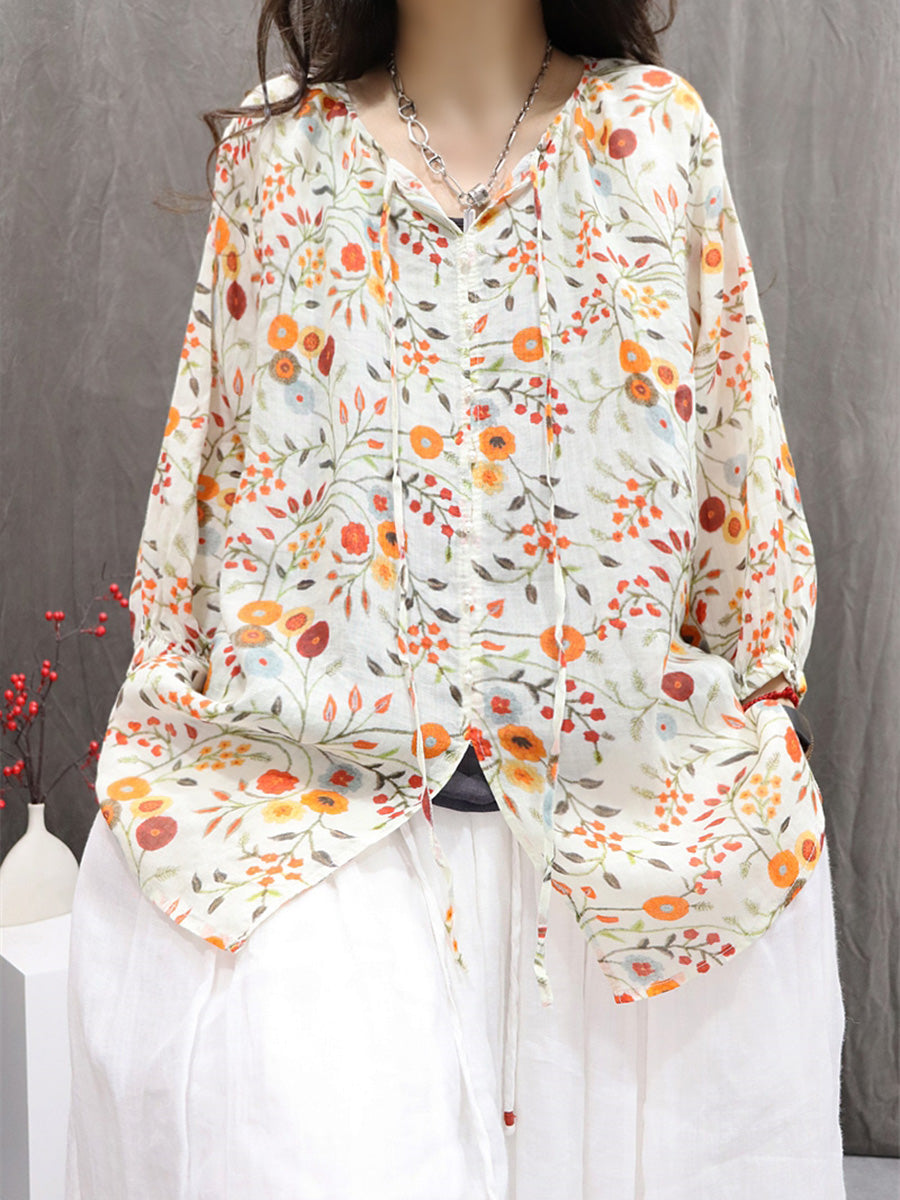 Women Summer Vintage Flower Hooded Ramie Shirt
