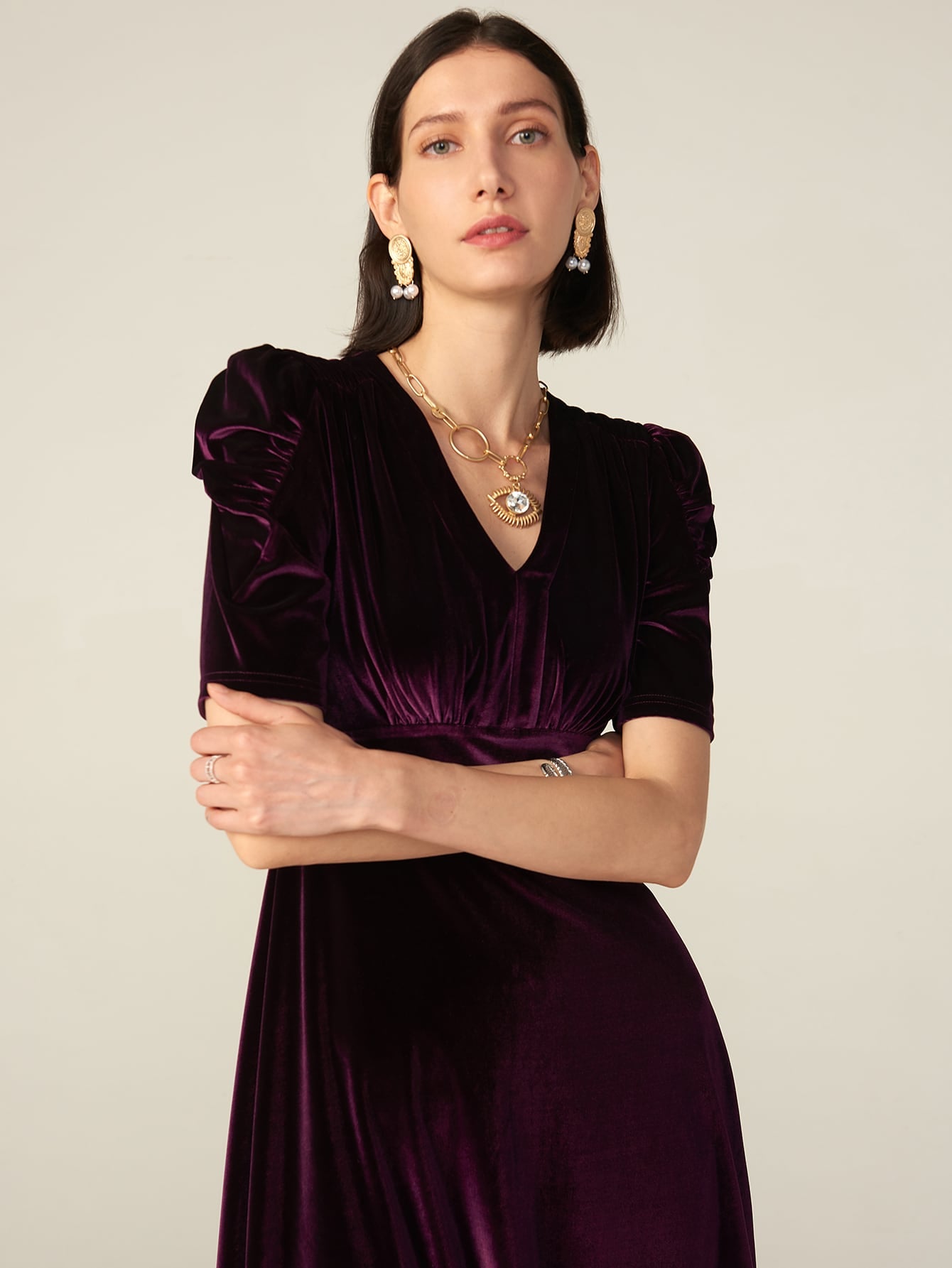 PREMIUM VELVET PUFF SLEEVE WRAP DRESS( Clearance sale