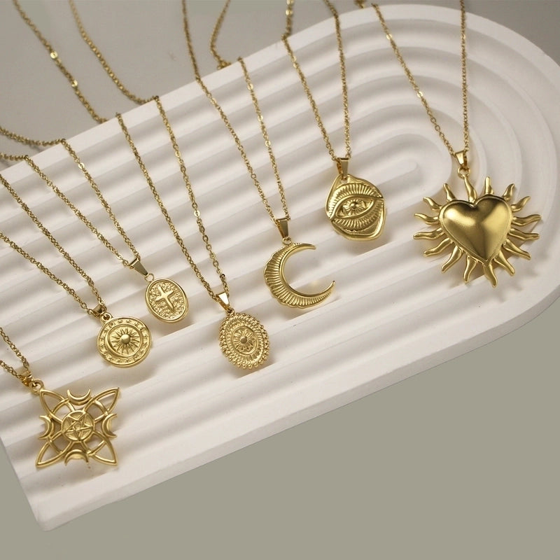 IG Style Retro Moon Heart Shape Flower 304 Stainless Steel 18K Gold Plated Pendant Necklace