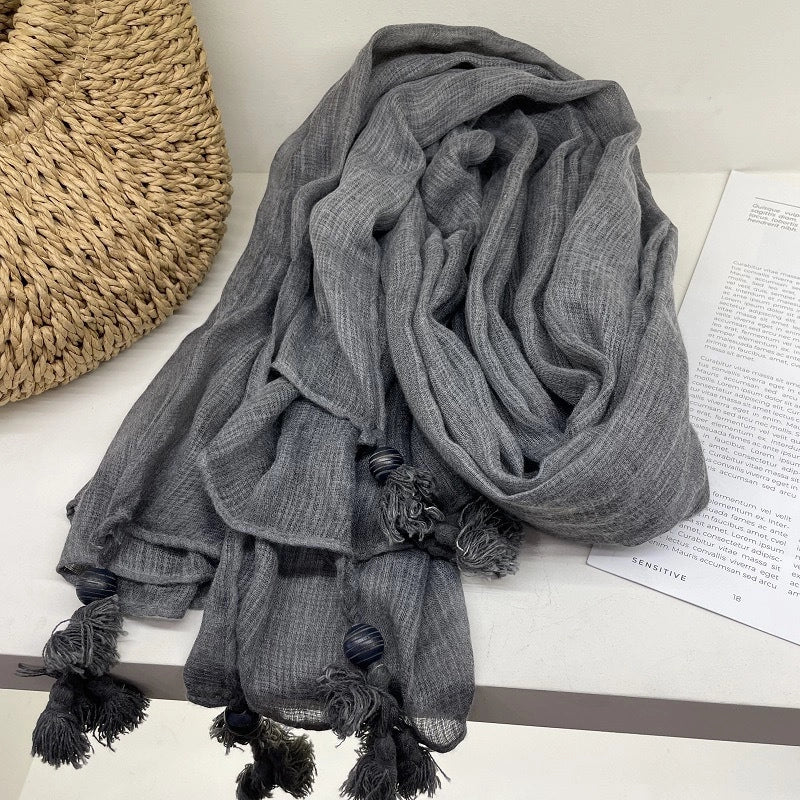 New High-end Ethnic Linen Wooden Beads Hanging Shawl Sunscreen Artistic Cotton And Linen Scarf Women