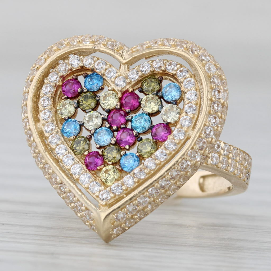 Multicolor Cubic Zirconia Cluster Heart Ring 14k Yellow Gold Size 6.25 Cocktail