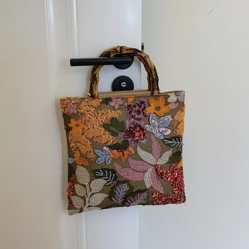 Women's Cotton And Linen Printing Vintage Style Square Zipper Handbag