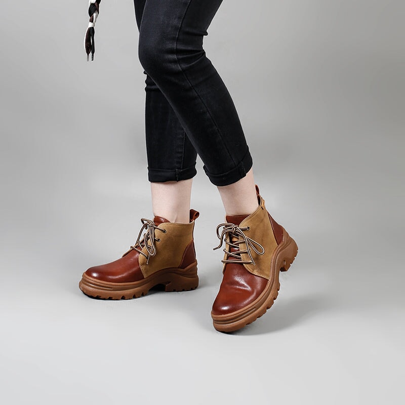 Designer Handmade Leather Combat Boots Retro Chunky Short Boots Color Blocking