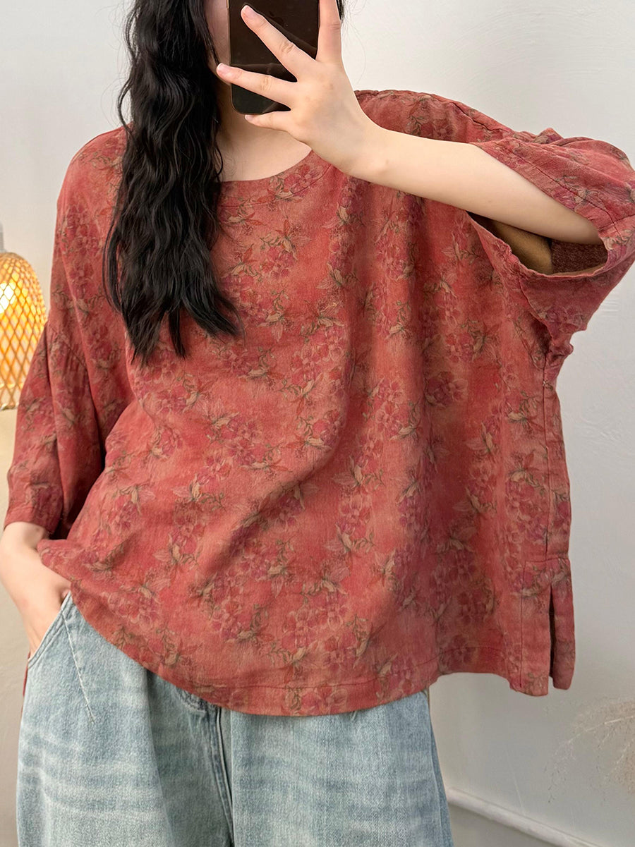 Women Summer Casual Flower O-Neck 100%Cotton Loose Shirt
