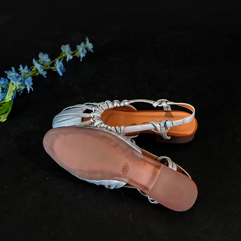 Fashion Closed Toe Slingback Roman Sandals Genuine Leather Cut-Out Woven Summer Flats in Grey/Apricot