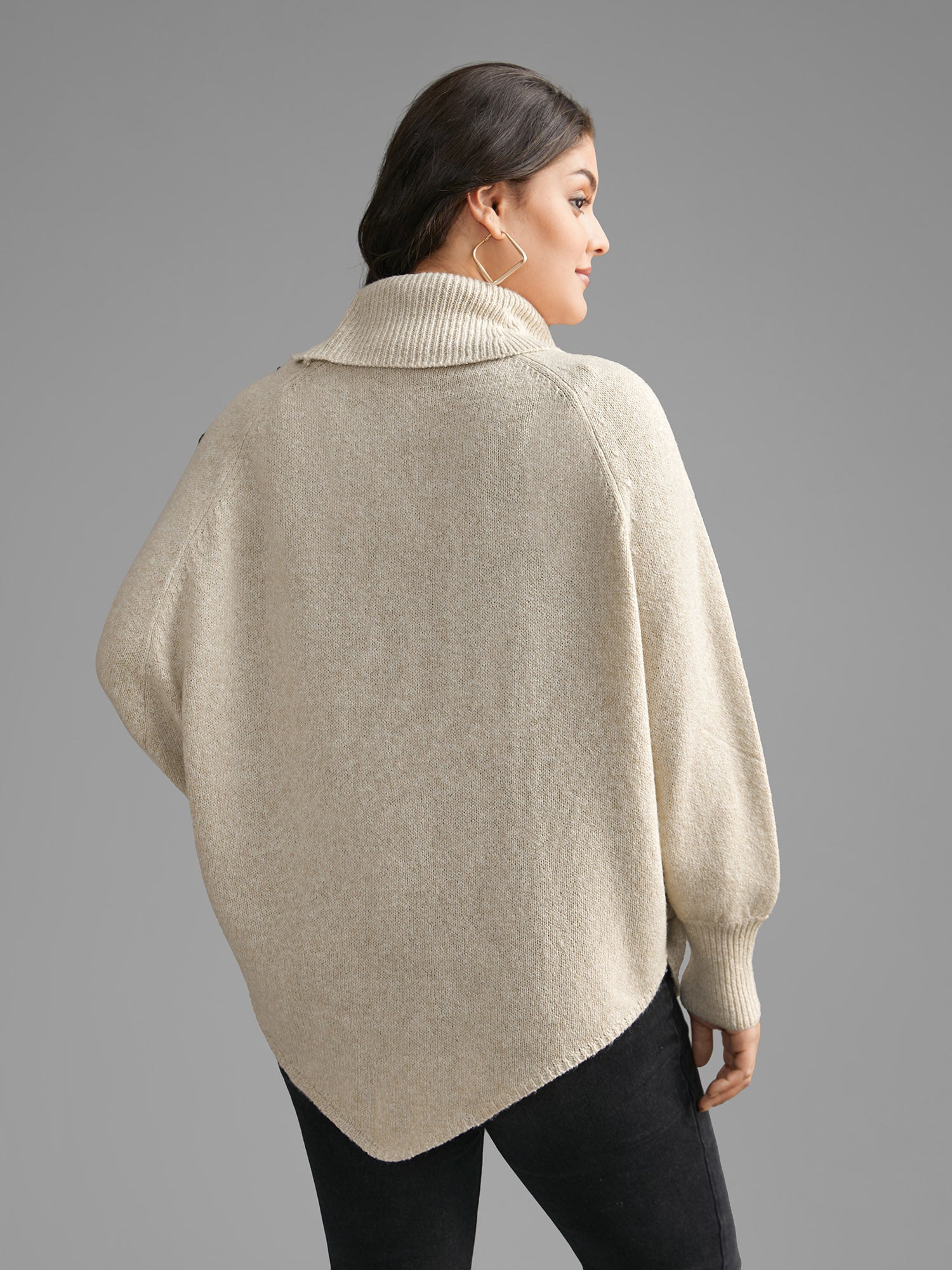 Turtleneck Cable Knit Asymmetrical Hem Pullover