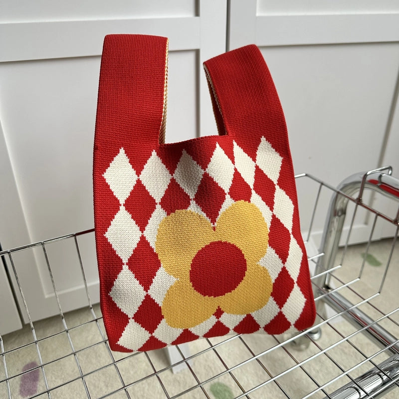 Women's Polyester Printing Color Block Cute Square Open Handbag