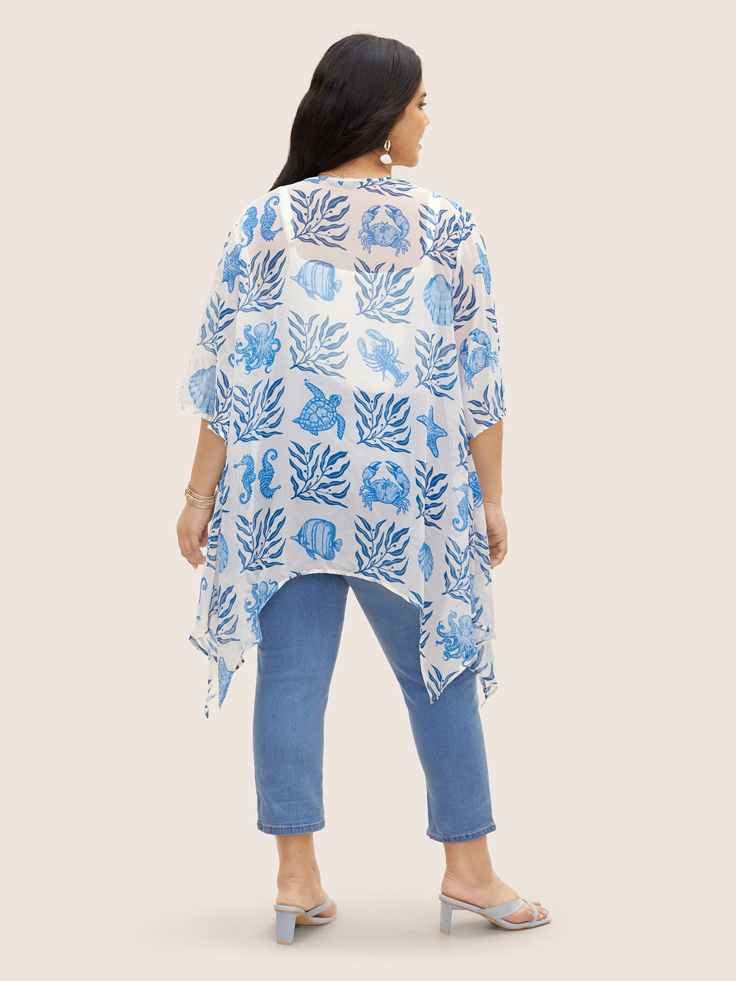 Marine Elements See Through Asymmetrical Hem Kimono