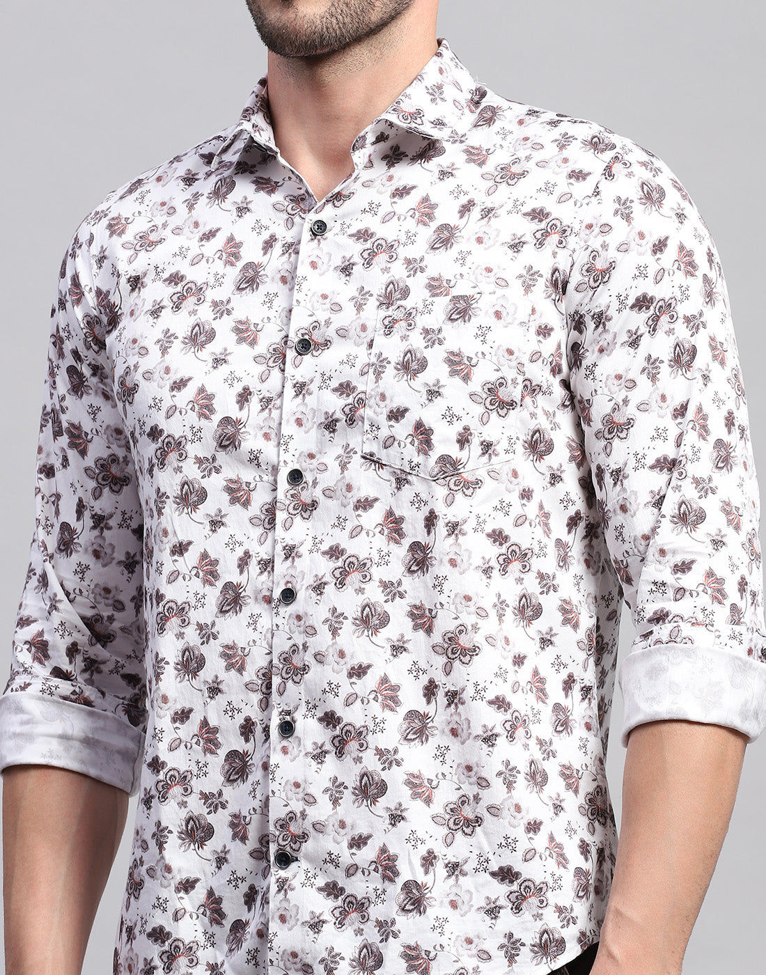 Men Off White Floral Print Collar Neck Full Sleeve Shirt