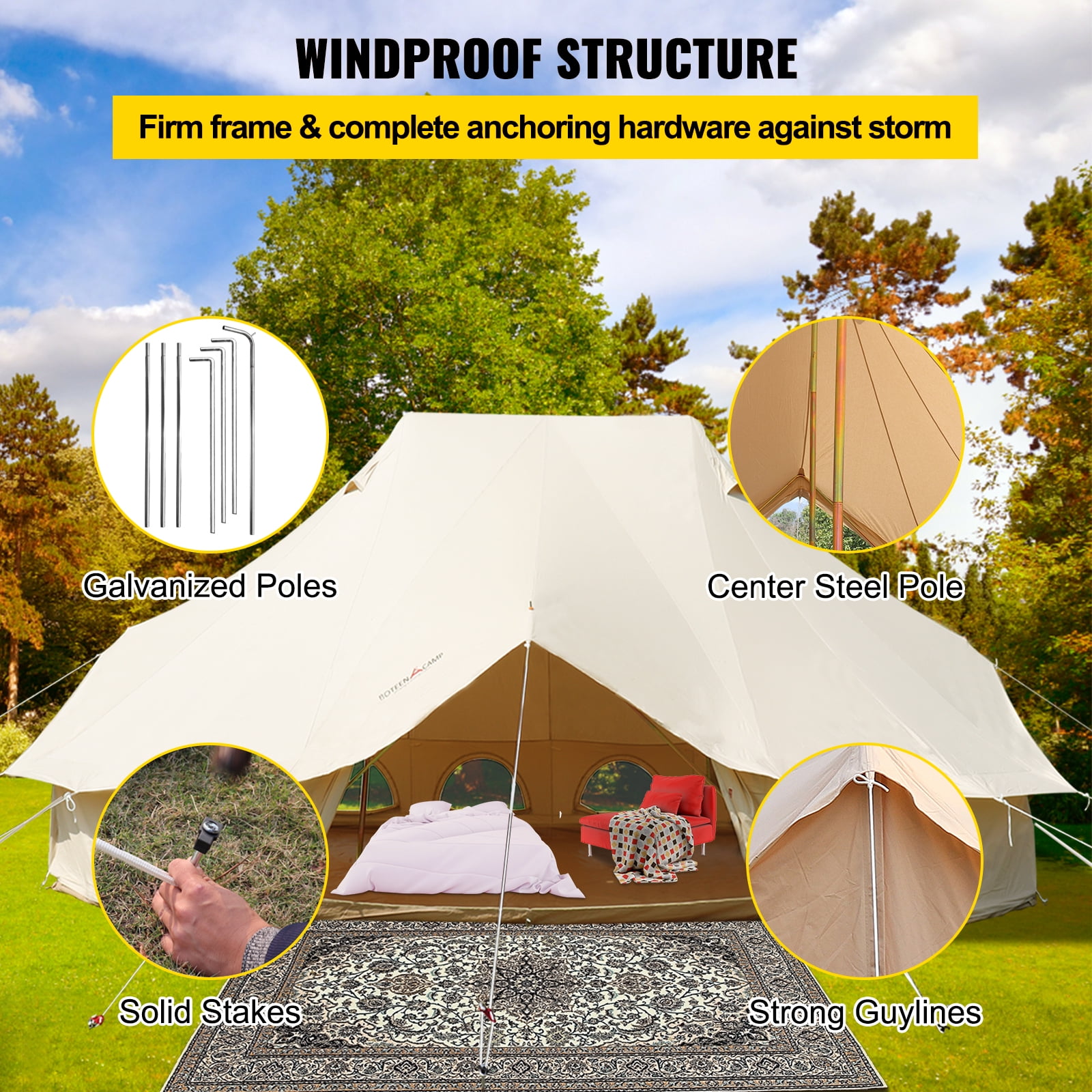 VEVORbrand Canvas Bell Tent 19.7x13.1x9.8 ft Yurt Beige Canvas Tent Cotton Glamping Tents 8-12 Person