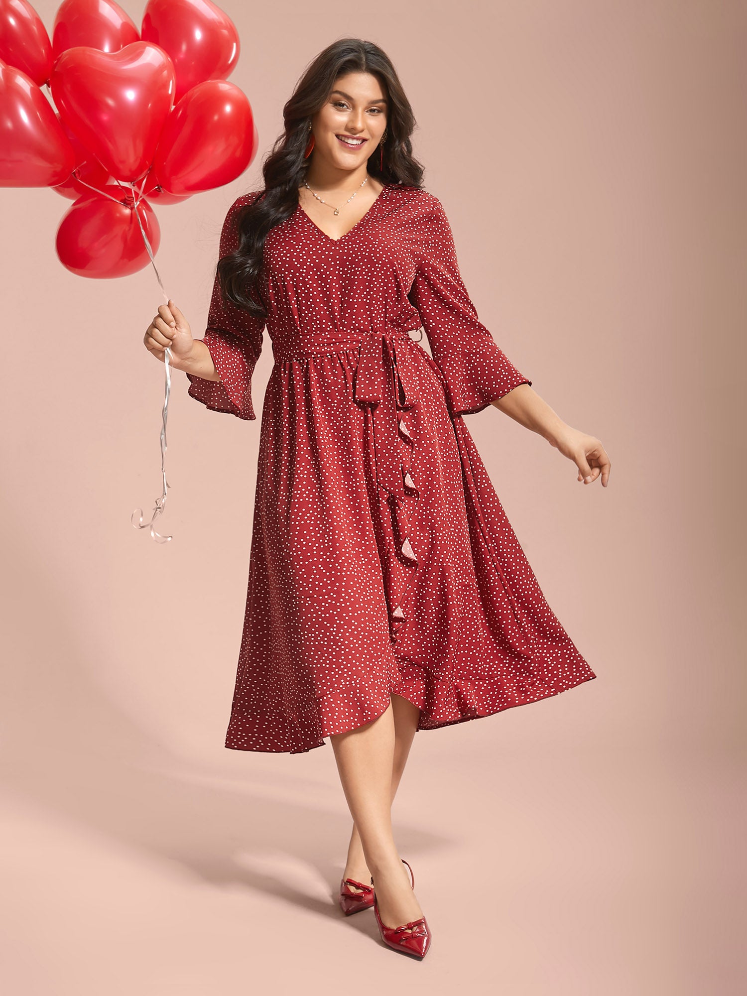 Polka Dots Waist-Tie Ruffled Midi Dress