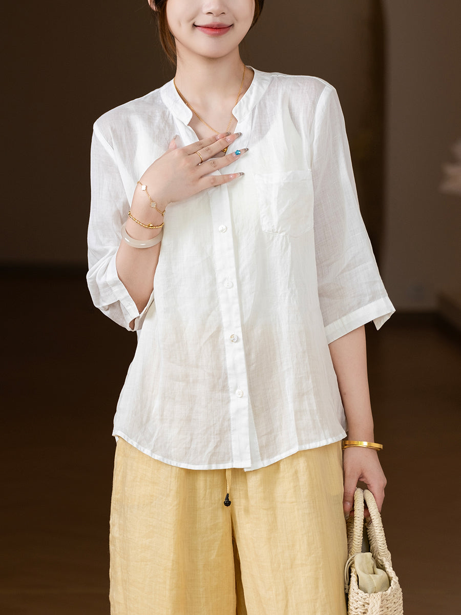 Women Summer Vintage Pure Color V-Neck 100%Ramie Shirt