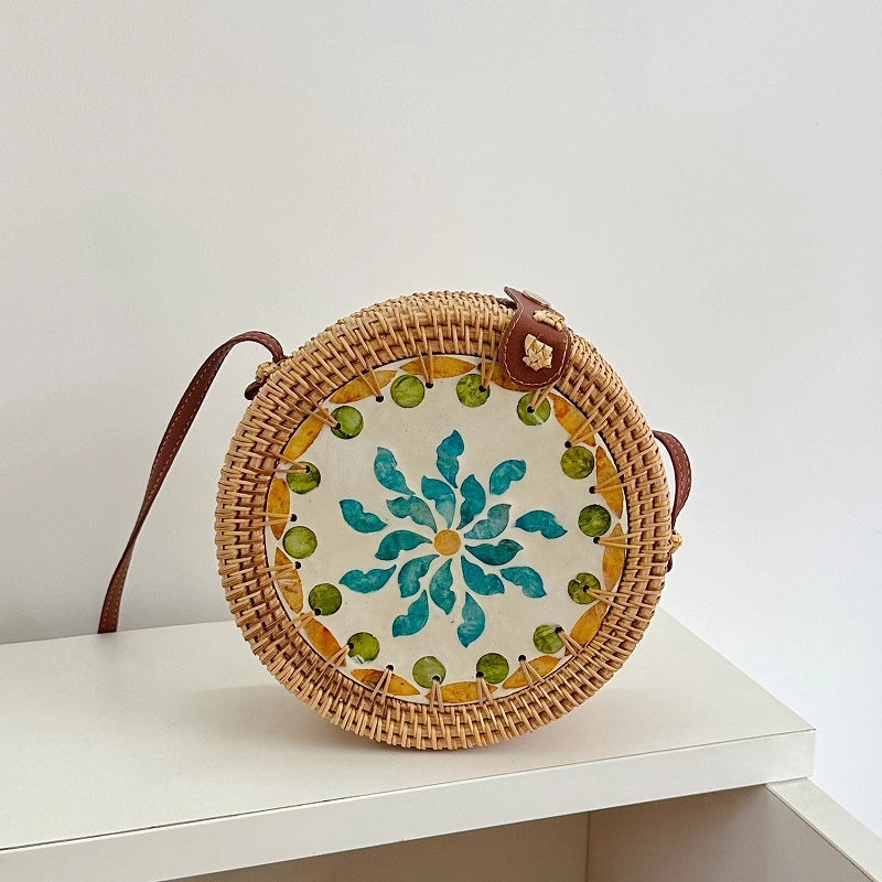 Women's Medium Rattan Floral Elegant Magnetic Buckle Dome Bag