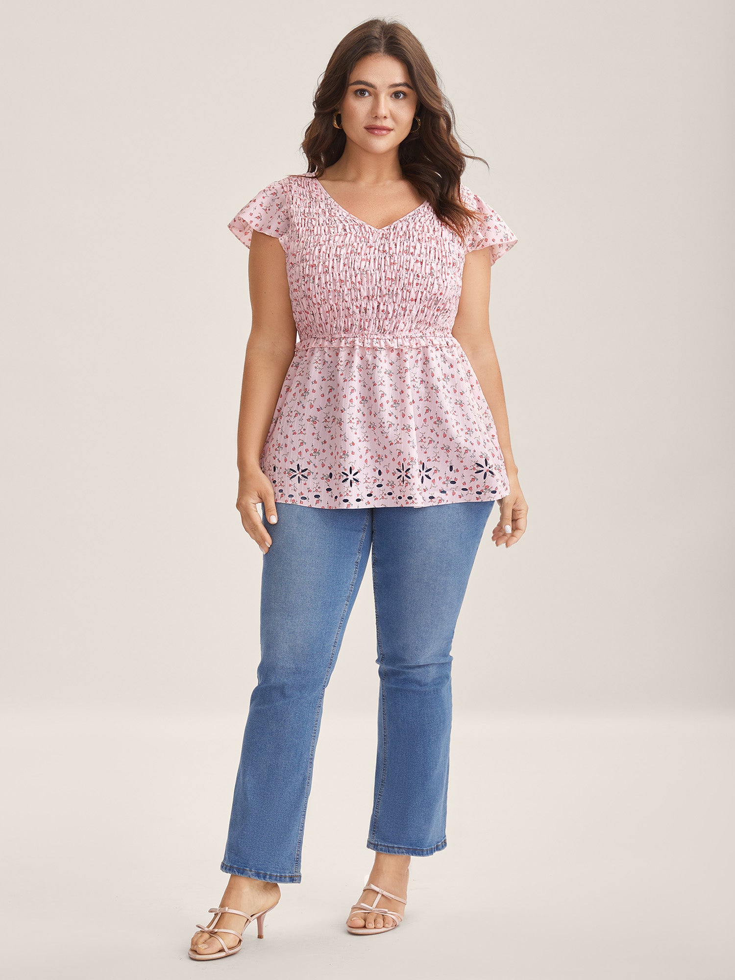 Shirred Laser Cut Hem Floral Blouse