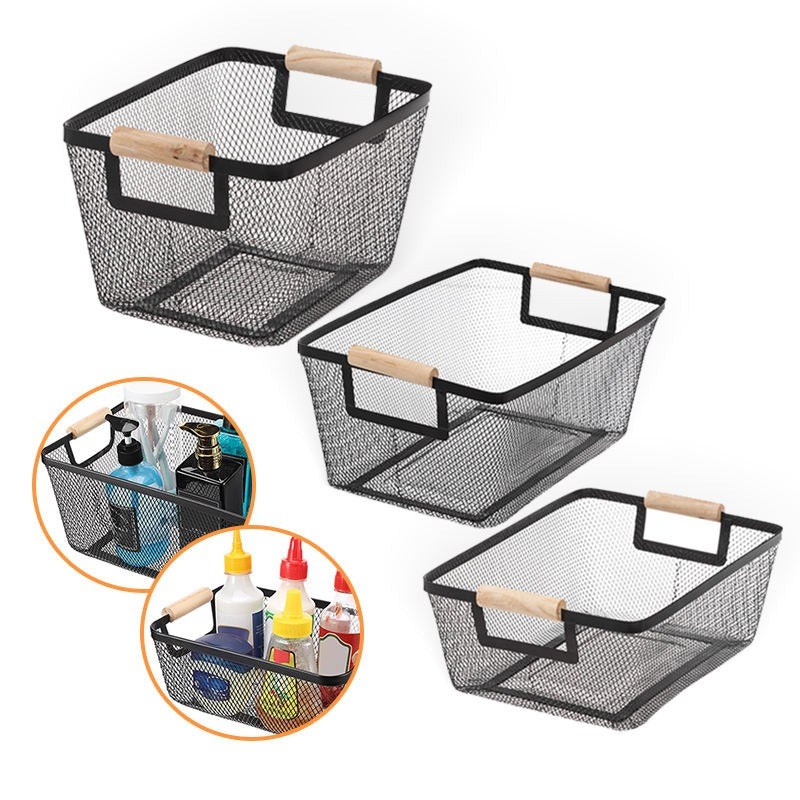 Steel Mesh Storage Organizer Basket. Multifunctional Metal Wire Hanging Kitchen Baskets. Fruit Basket with Wooden Handle. Ideal for Kitchen. Bathroom. Pantry. Cabinet. Home
