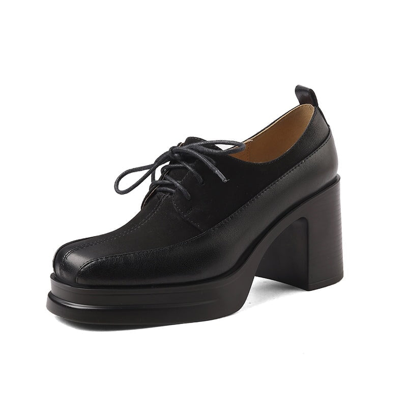 Vintage 80mm Chunky Block Heel Lace-Up Oxford Shoes for Women in Black/Brown