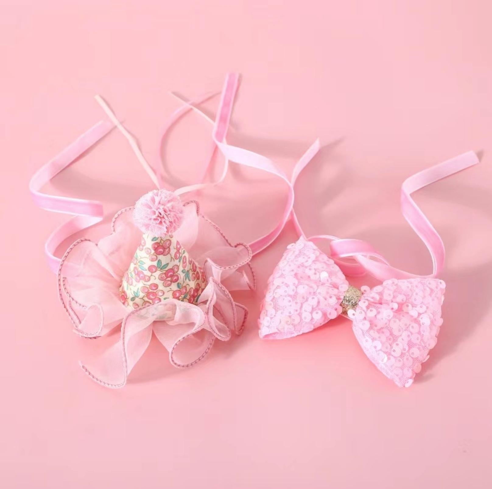 Floral Mesh Lace Accessory Set: Pet Birthday Hat & Bow Tie Combo