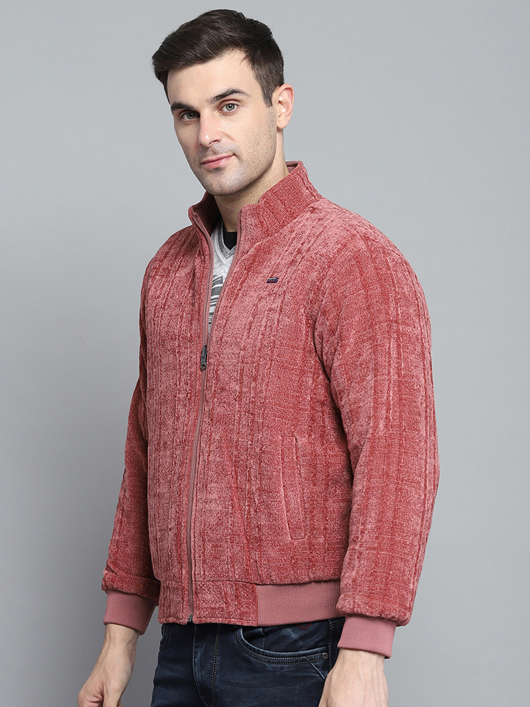 Men Pink Solid Mock Neck Full Sleeve Jacket