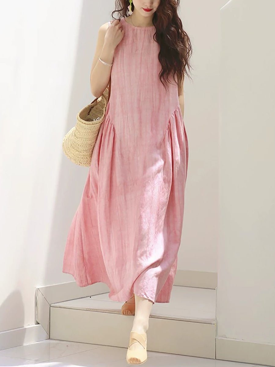 Women Summer Casual Pure Color O-Neck Linen Vest Dress