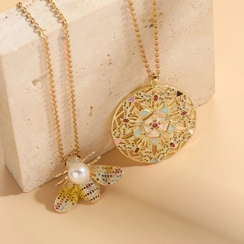 304 Stainless Steel Copper Lady Irregular Plating Inlay Insect Artificial Pearls Zircon Pendant Necklace