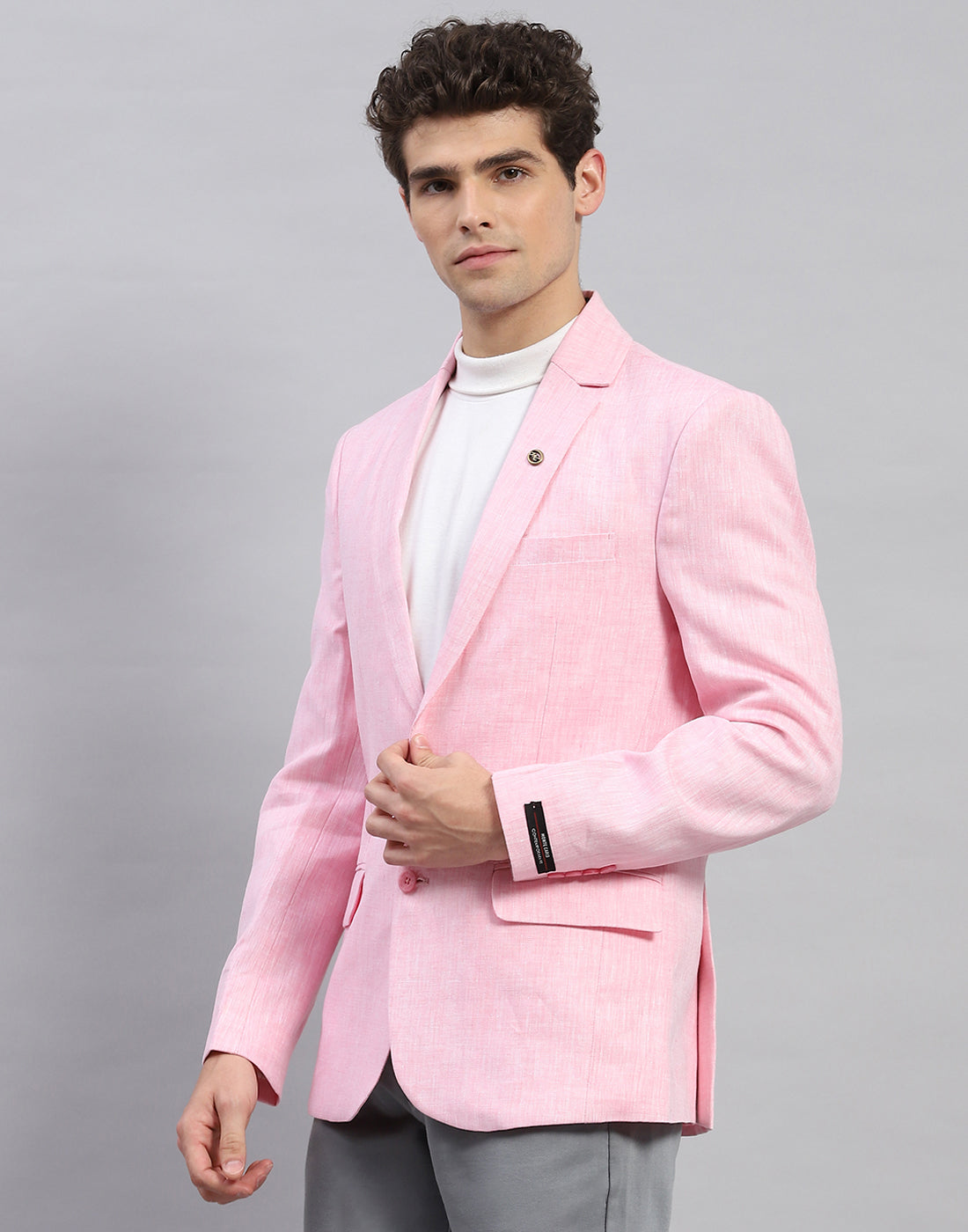 Men Pink Solid Notch Lapel Collar Full Sleeve Blazer