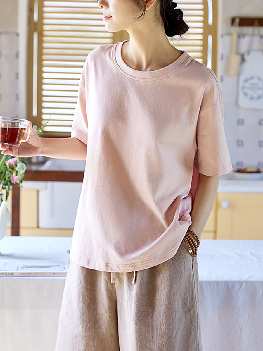 Women Summer Pure Color Cotton Linen Spliced Shirt