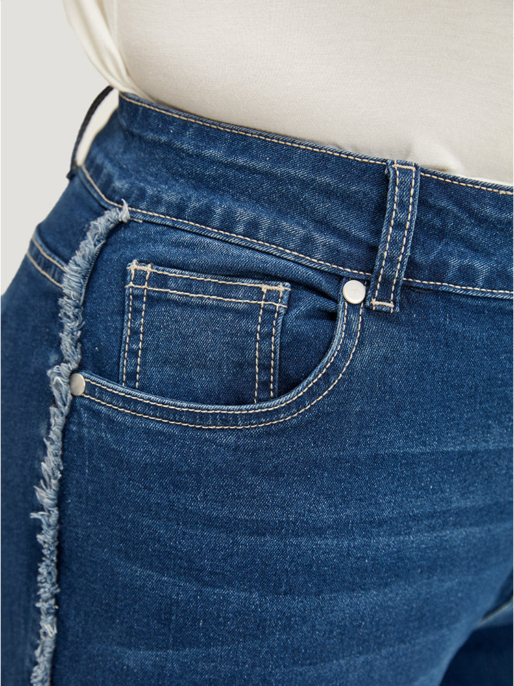 Very Stretchy High Rise Medium Wash Raw Trim Jeans