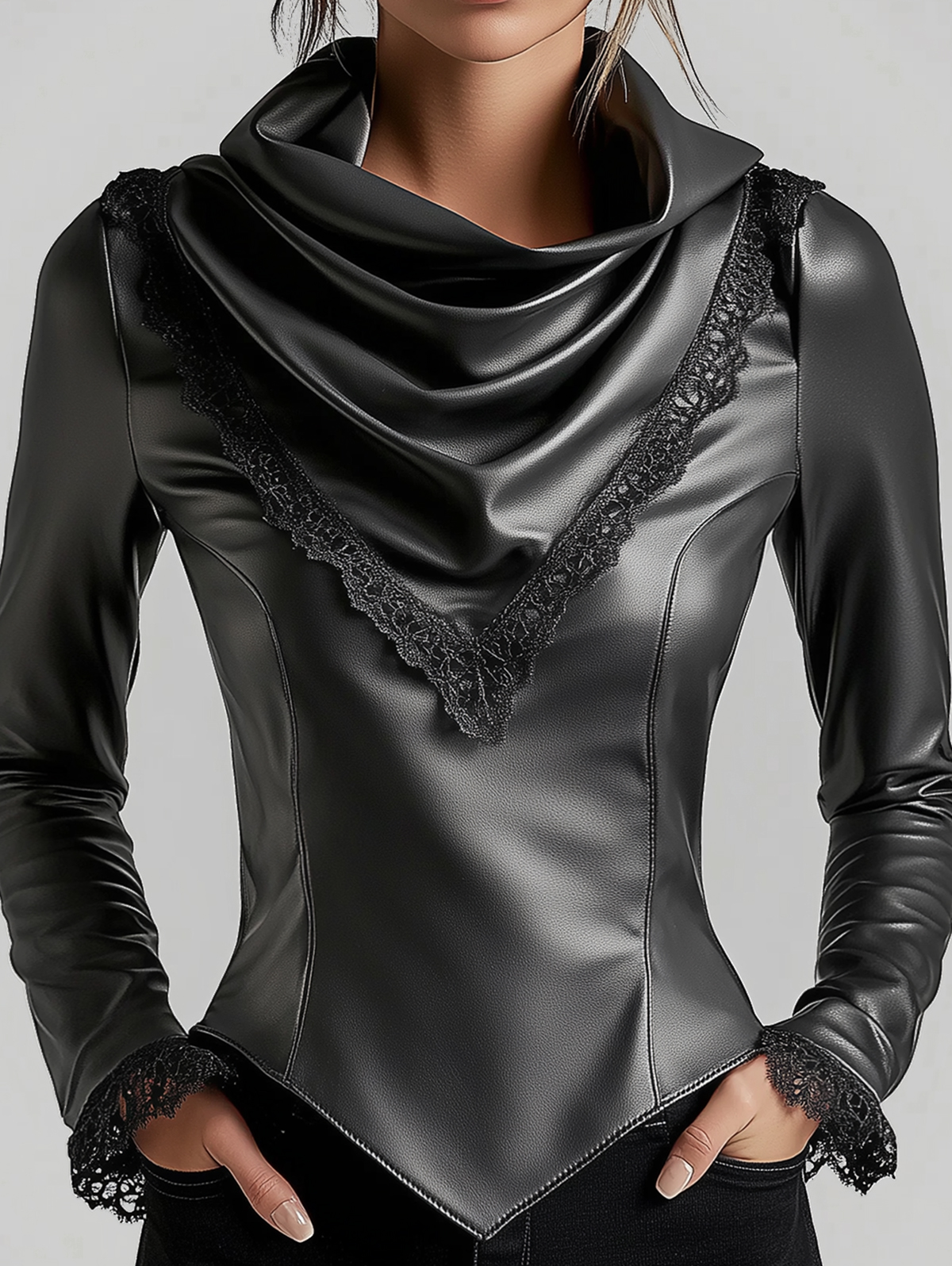 Ursime Cowl Neck Lace Trim Long Sleeve PU Leather Blouse