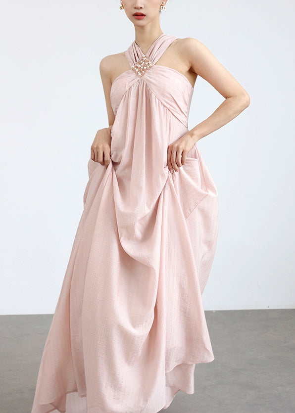 Elegant Pink Cold Shoulder Pearl Solid Cotton Maxi Dresses Sleeveless