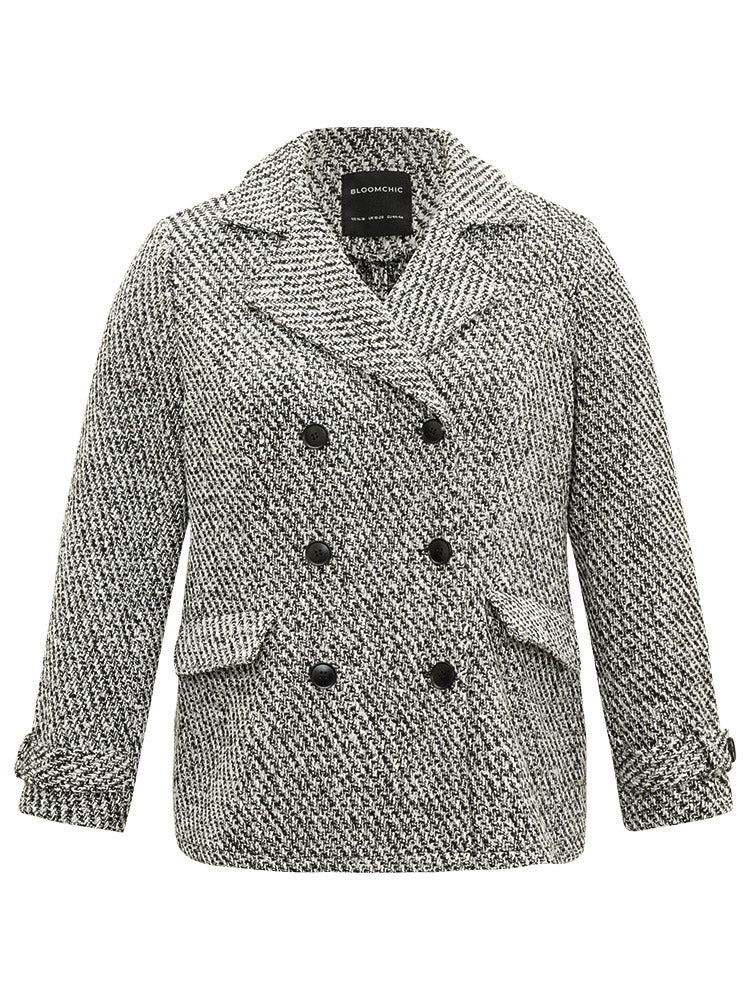 Tweed Lapel Collar Button Up Pocket Coat