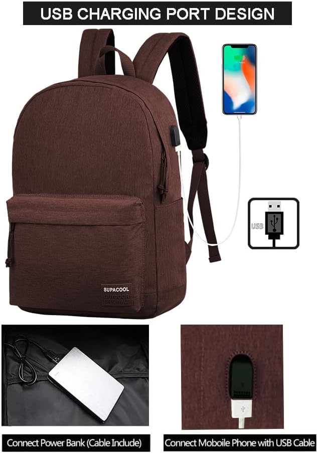 SUPACOOL Casual Laptop Backpack for Men and Women, School Backpack for Boys and Girls, College Bookbag, USB Charging Port, Lightweight Back Pack(Black)