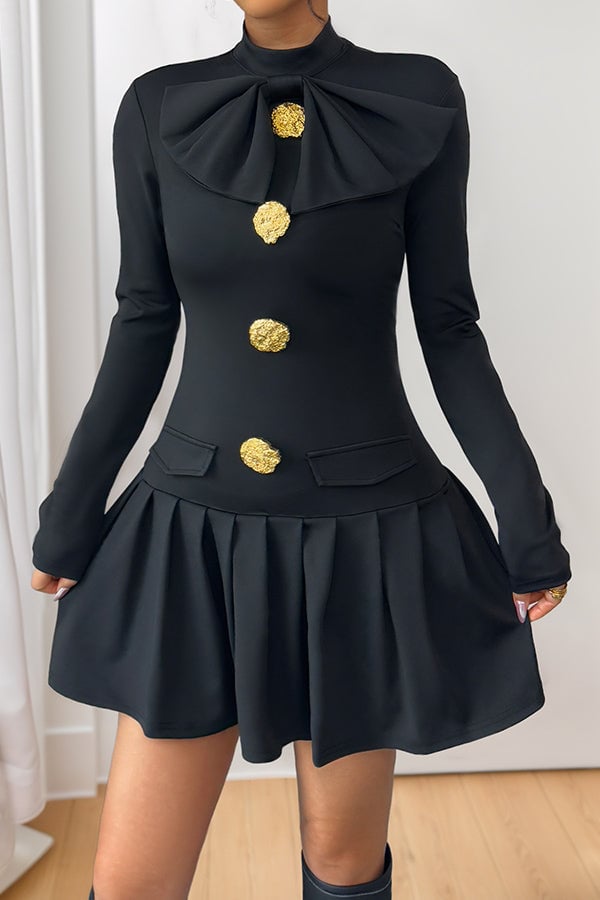 Fashion Button Long Sleeve Ruffle Hem Casual Dress