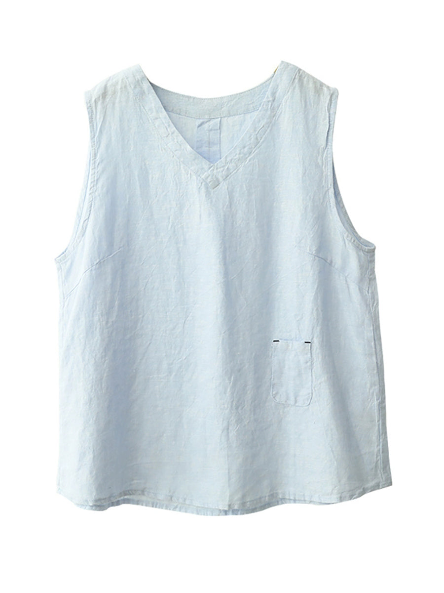 Women Summer Casual Pure Color 100%Linen V-Neck Vest