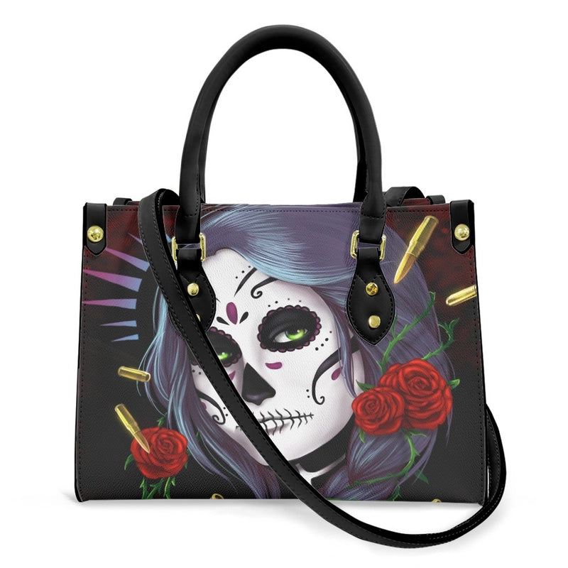 Halloween Women's Medium Pu Leather Human Floral Streetwear Square Hook Loop Customized Tote Bag