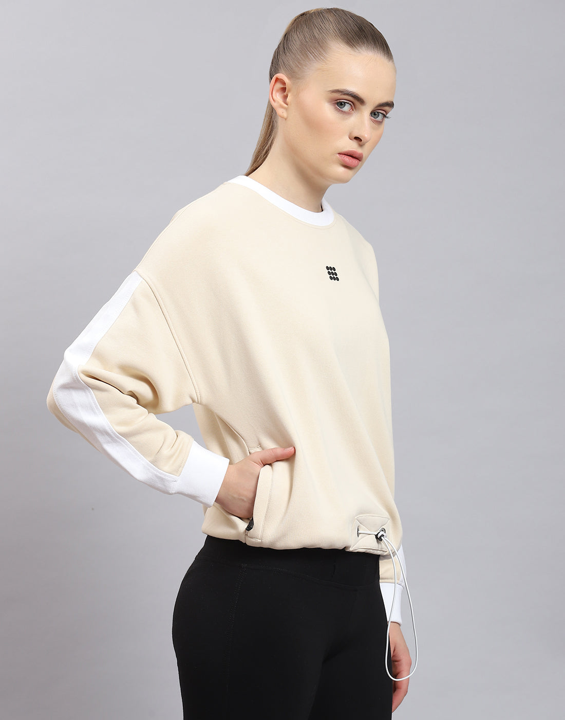 Women Beige Solid Round Neck Full Sleeve Sweatshirt